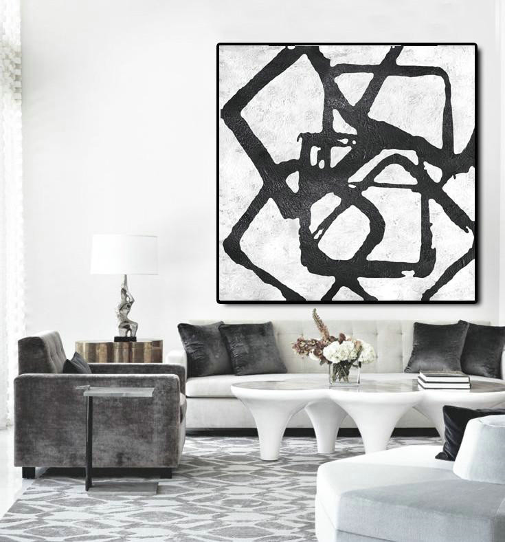 Hand Painted Acrylic Painting,Oversized Minimal Black And White Painting - Hand Paint Large Art